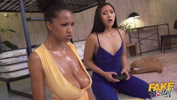 Asian Teen May & Ebony Babe Tina: Intense Gaming Leads to Sweaty Threesome - xxxfiles.com on pornogates.com