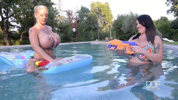 Floating Gazongas: Two British Bombshells With Big Tits In The Pool - porntry.com on pornogates.com